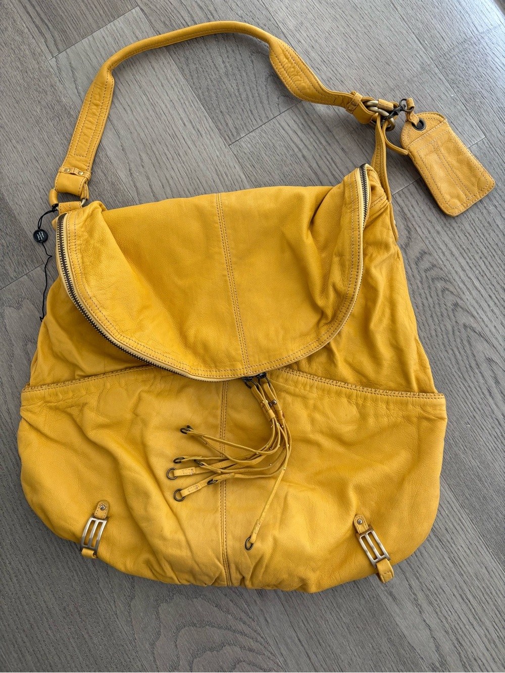 Yellow Leather Shoulder Hobo Bag with Tassel Accent